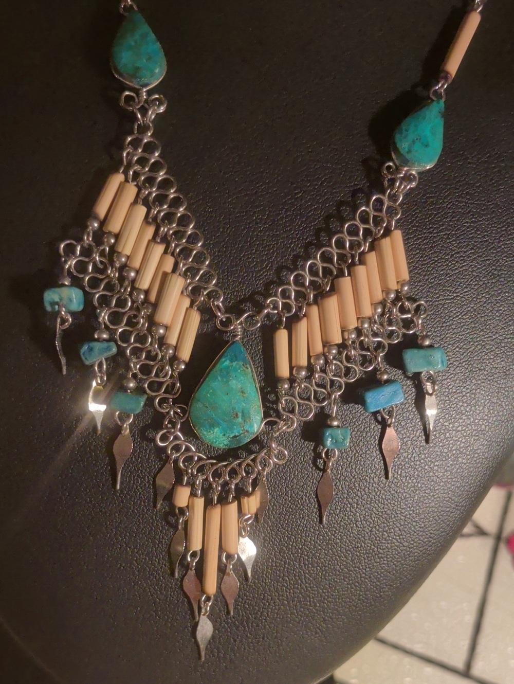 Peruvian Style Natural Turquoise Teardrop Statement Bib Vintage Necklace